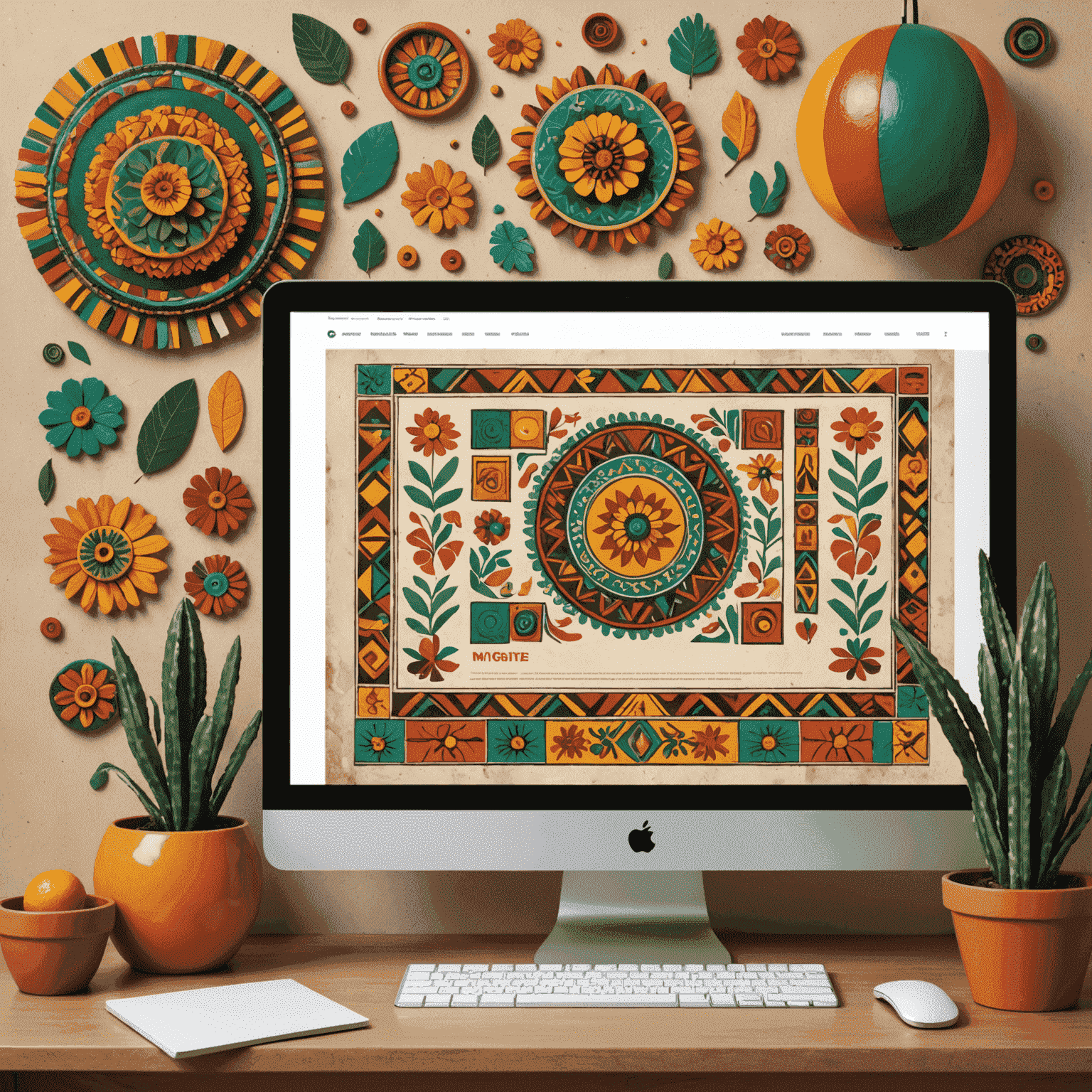 Collage de elementos de diseño mexicano tradicional junto a una pantalla de computadora mostrando un sitio web moderno con influencias mexicanas