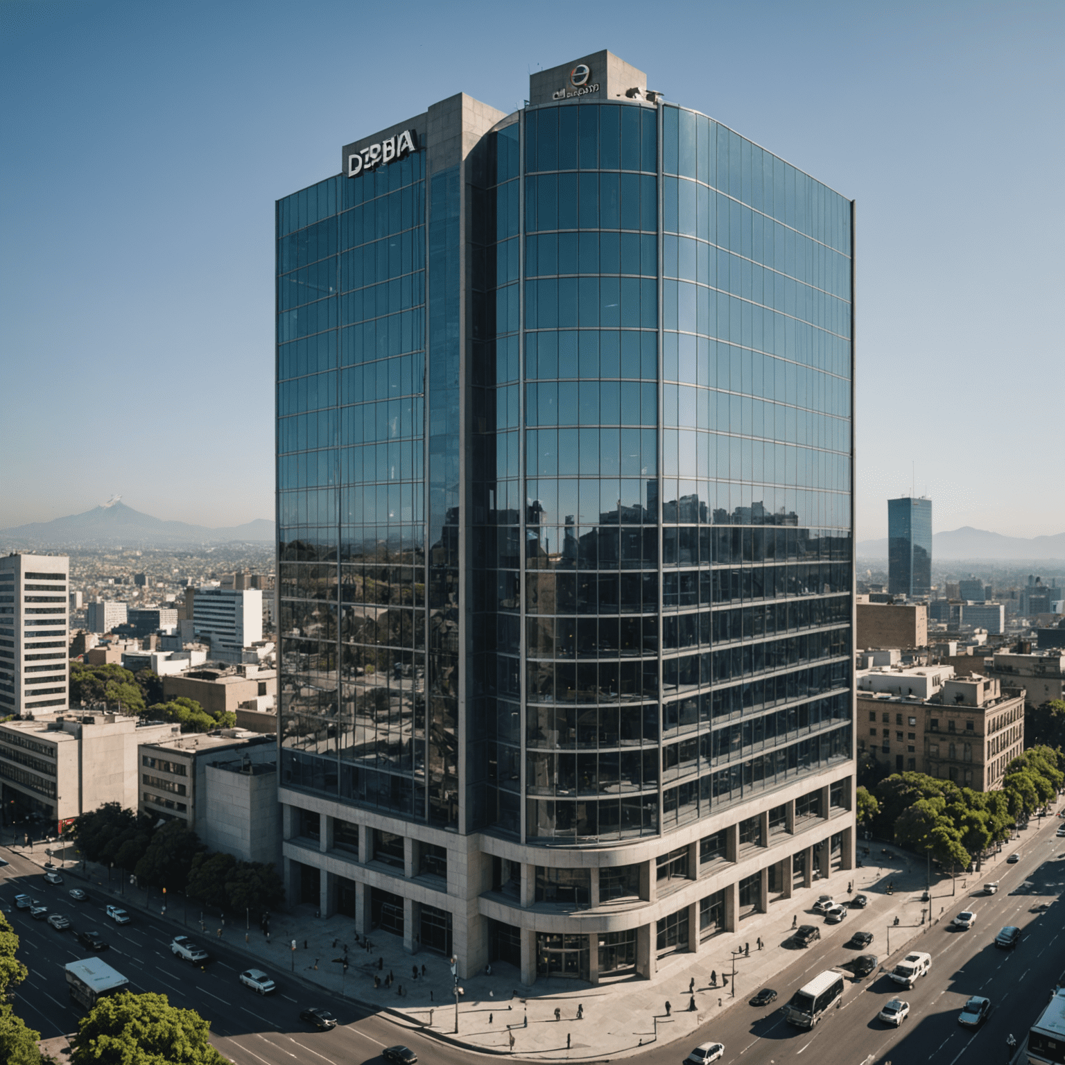 Vista panorámica de la Ciudad de México, enfocando en un moderno edificio de oficinas con el logo de Depibia Pro. La imagen transmite profesionalismo y conexión con el entorno empresarial local.